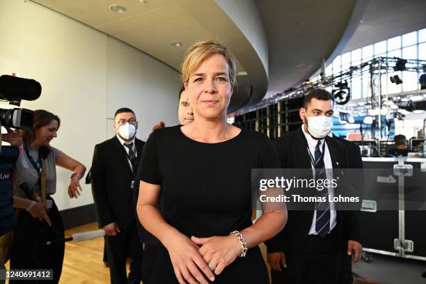 Greens party lead candidate Mona Neubaur arrives to attend a TV talk show on May 15, 2022 in Dusseldorf, Germany. The SPD and rival German Christian...