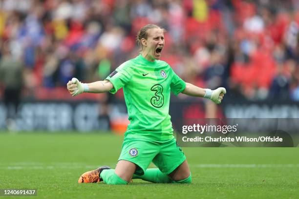Chelsea goalkeeper Ann-Katrin Berger celebrates the 3rd Chelsea goal during the Vitality Women's FA Cup Final match between Chelsea Women and...