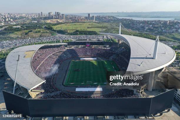 An aerial view of Ataturk Olympic Stadium during the Turkish Super Lig week 37 soccer match between Trabzonspor and Altay in Istanbul, Turkiye on May...