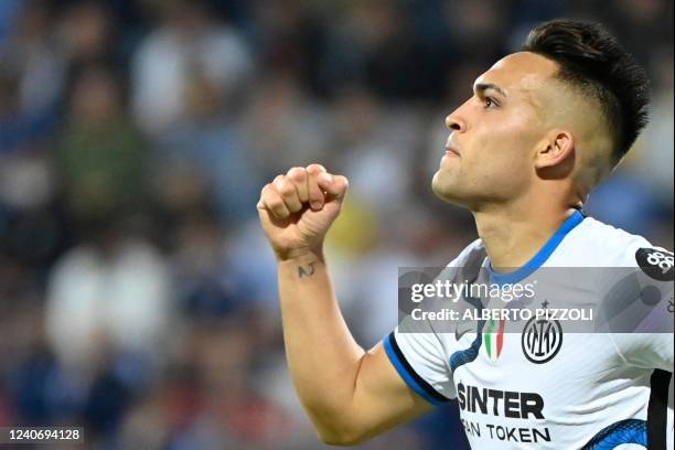 Inter Milan's Argentine forward Lautaro Martinez celebrates after scoring his side's second goal during the Italian Serie A football match between...