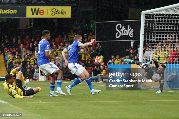 Leicester City's Danny Ward makes a save during the Premier League match between Watford and Leicester City at Vicarage Road on May 15, 2022 in...