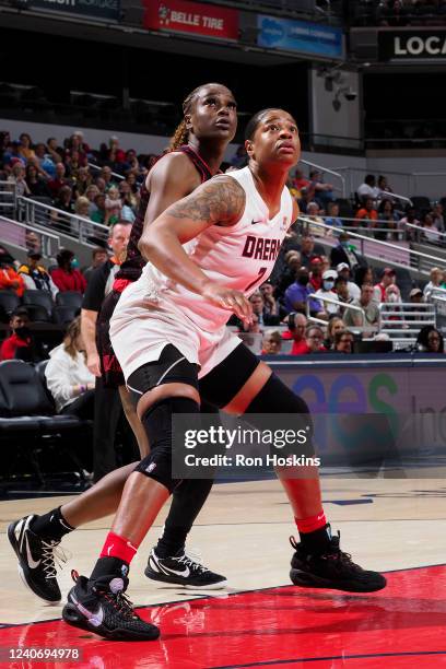 Kia Vaughn of the Atlanta Dream looks to rebound the ball during the game against the Indiana Fever on May 15, 2022 at Gainbridge Fieldhouse in...