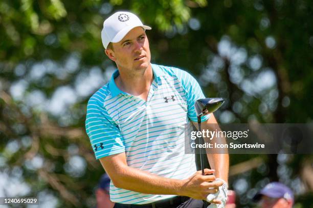 Jordan Spieth reacts after hitting his tee shot on during the final round of the AT&T Byron Nelson at TPC Craig Ranch in McKinney, TX.