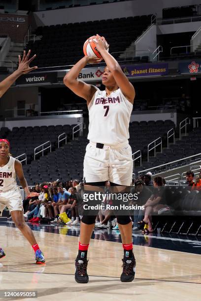 Kia Vaughn of the Atlanta Dream shoots the ball during the game against the Indiana Fever on May 15, 2022 at Gainbridge Fieldhouse in Indianapolis,...
