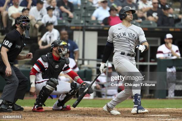 New York Yankees left fielder Joey Gallo watches his two-run home run in the ninth inning Sunday, May 15 at Guaranteed Rate Field in Chicago. The...