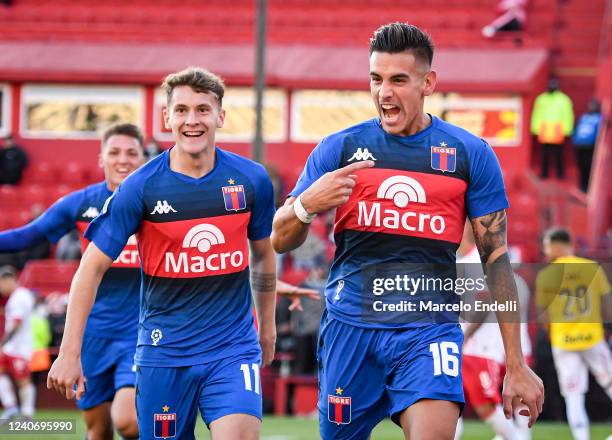 Alexis Castro of Tigre celebrates after scoring the first goal of his team during a semi-final match of Copa De la Liga 2022 between Tigre and...