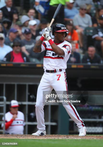 Chicago White Sox shortstop Tim Anderson stands at the plate and waits for the pitch during a Major League Baseball game between the New York Yankees...