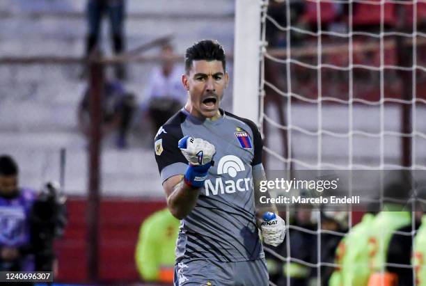 Gonzalo Marinelli of Tigre celebrates after David Salazar of Argentinos Juniors misses a penalty in the penalty shootout during a semi-final match of...