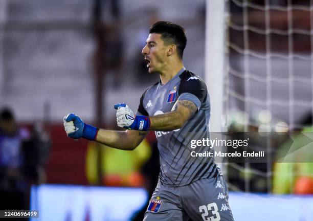 Gonzalo Marinelli of Tigre celebrates after winning a penalty shootout during a semi-final match of Copa De la Liga 2022 between Tigre and Argentinos...