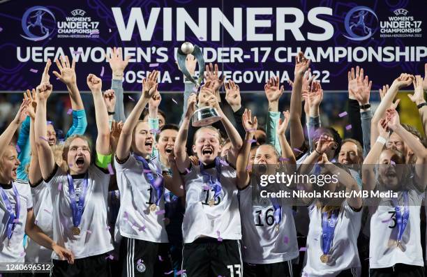 Sandra Walbeck of Germany holds the trophy during the UEFA European Women's U17 Championship Final match between Spain Women's U17 and Germany...