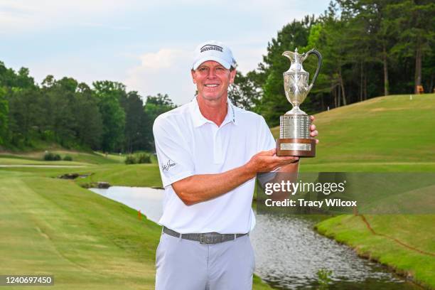 Steve Stricker poses with the trophy after the final round of the PGA TOUR Champions Regions Tradition at Greystone Golf and Country Club on May 15,...