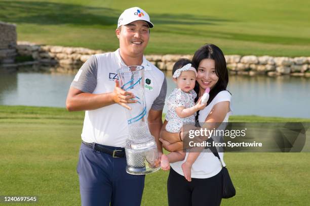 Lee and his family pose with the winners trophy after the final round of the AT&T Byron Nelson at TPC Craig Ranch in McKinney, TX.