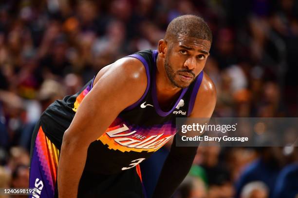 Chris Paul of the Phoenix Suns looks on during Game 7 of the 2022 NBA Playoffs Western Conference Semifinals on May 15, 2022 at Footprint Center in...