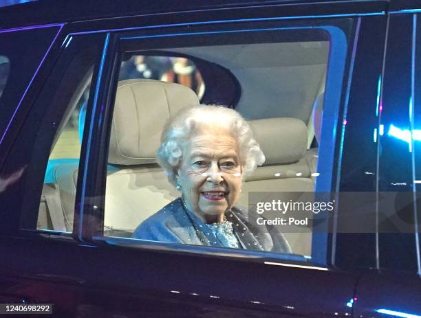 Queen Elizabeth II departs after the "A Gallop Through History" performance as part of the official celebrations for Queen Elizabeth II's Platinum...