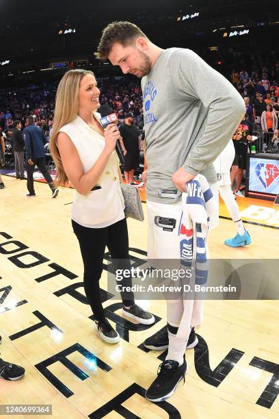 Sideline Reporter, Allie LaForce interviews Luka Doncic of the Dallas Mavericks after the game against the Phoenix Suns during Game 7 of the 2022 NBA...