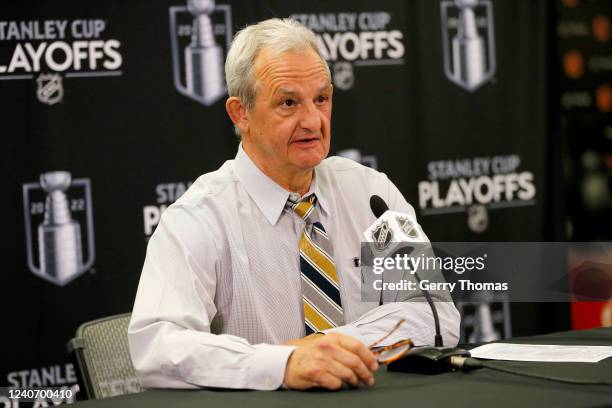 Darryl Sutter of the Calgary Flames speaks with the media after a series win against the Dallas Stars in Game Seven of the First Round of the 2022...