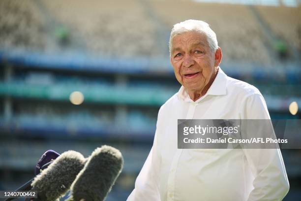 Bill Dempsey talks to the media during the 2022 Sir Doug Nicholls Round Launch at Optus Stadium on May 16, 2022 in Perth, Australia.