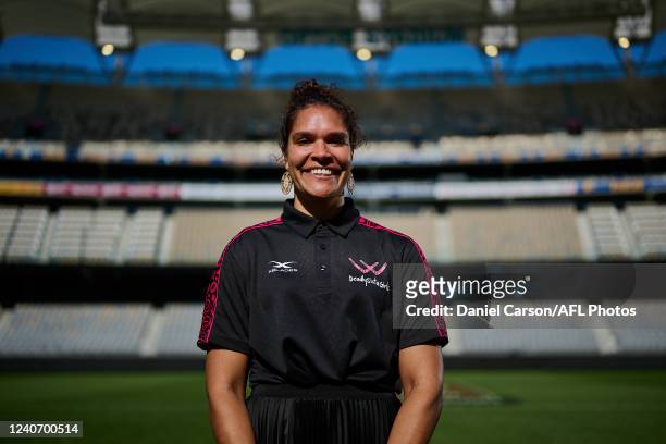 Alicia Janz, 2022 AFLW Indigenous Round Honouree poses for a photo during the 2022 Sir Doug Nicholls Round Launch at Optus Stadium on May 16, 2022 in...