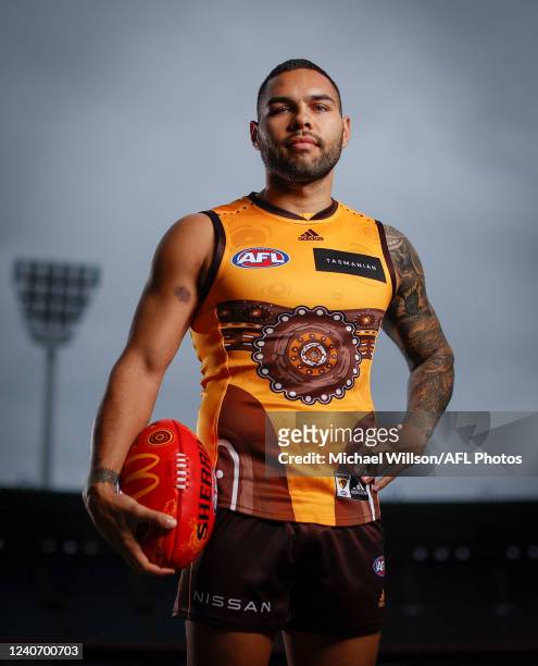 Jarman Impey of the Hawks poses for a photograph in the teams Indigenous guernsey during the 2022 Sir Doug Nicholls Round Launch at the Melbourne...