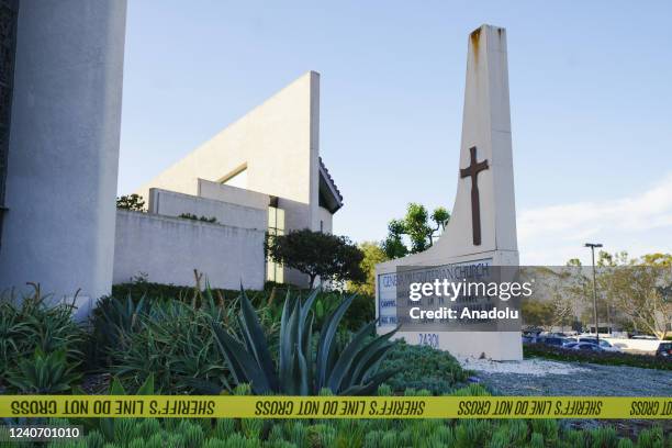 Police tape blocks off access to Geneva Presbyterian Church , after a shooting earlier in the day, in Laguna Woods, CA, USA., May 15, 2022.