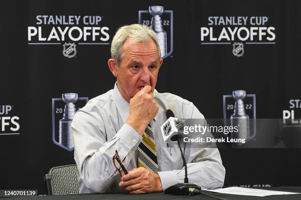 Head Coach of the Calgary Flames, Darryl Sutter, speaks to media after the Flames defeated the Dallas Stars during the overtime period of Game Seven...