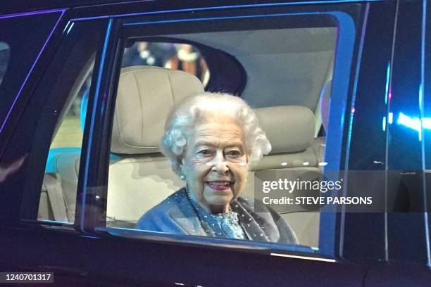 Britain's Queen Elizabeth II leaves after attending the "A Gallop Through History" Platinum Jubilee celebration at the Royal Windsor Horse Show at...