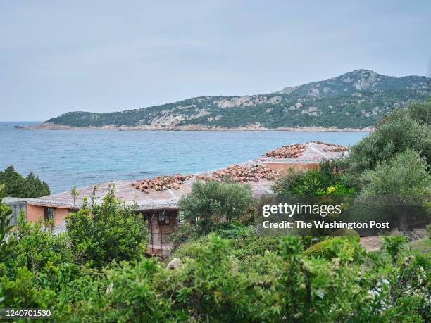 An under-construction roof as seen from a distance inside a private house connected to Russian Oligarch Alisher Usmanov in Porto Cervo, Sardinia on...