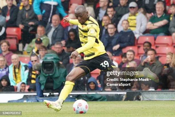 Watford's Edo Kayembe during the Premier League match between Watford and Leicester City at Vicarage Road on May 15, 2022 in Watford, United Kingdom.