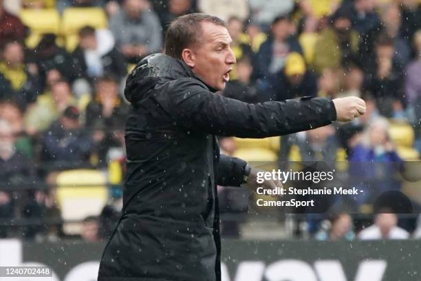 Leicester City manager Brendan Rogers during the Premier League match between Watford and Leicester City at Vicarage Road on May 15, 2022 in Watford,...