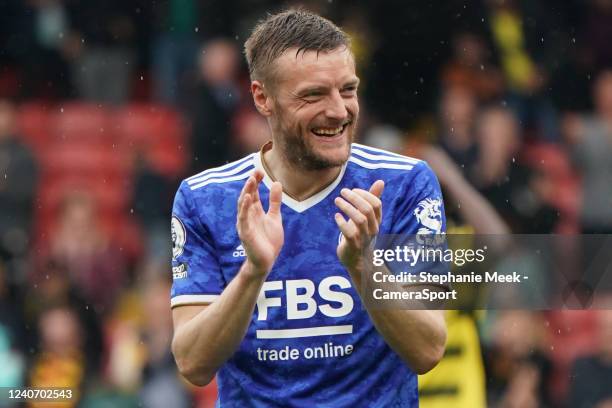 Leicester City's Jamie Vardy during the Premier League match between Watford and Leicester City at Vicarage Road on May 15, 2022 in Watford, United...