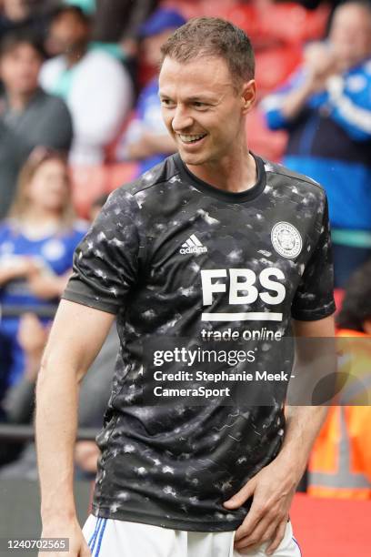Leicester City's Jonny Evans during the Premier League match between Watford and Leicester City at Vicarage Road on May 15, 2022 in Watford, United...