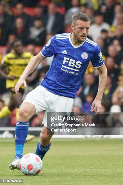 Leicester City's Jamie Vardy during the Premier League match between Watford and Leicester City at Vicarage Road on May 15, 2022 in Watford, United...