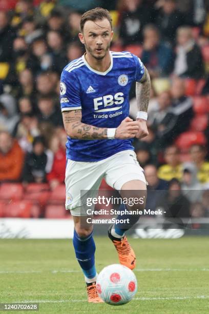 Leicester City's James Maddison during the Premier League match between Watford and Leicester City at Vicarage Road on May 15, 2022 in Watford,...