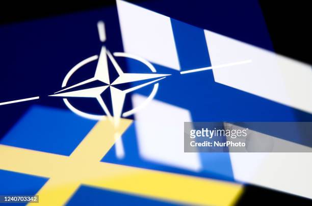 Flags of NATO, Sweden and Finland displayed on phone screens are seen in this multiple exposure illustration photo taken in Krakow, Poland on May 15,...