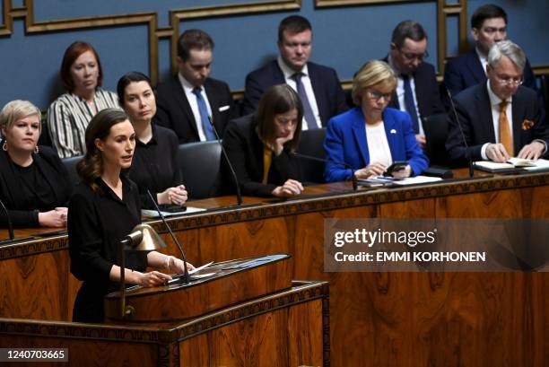 Finnish Prime Minister Sanna Marin speaks during a plenary session at the Finnish parliament in Helsinki, Finland, on May 16 as legislators debate...