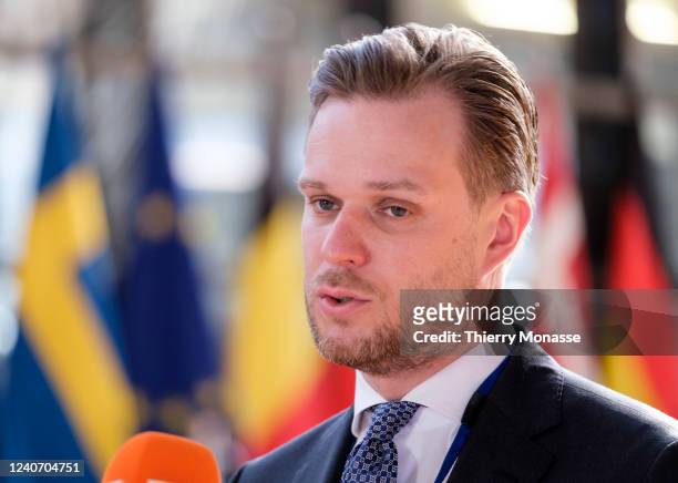 Lithuanian Minister of Foreign Affairs Gabrielius Landsbergis is talking to media prior an European Union - Canada joint ministerial committee...