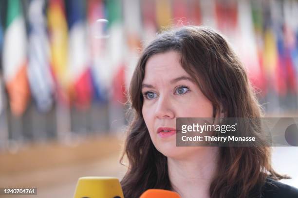 Finnish state Secretary to the Minister for Foreign Affairs Nanna Johanna Sumuvuori is talking to media prior an European Union - Canada joint...