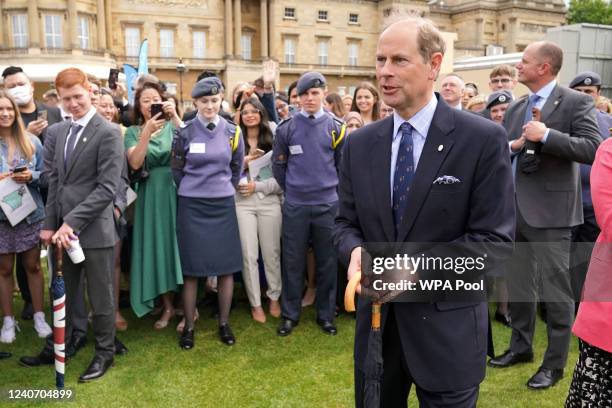 Prince Edward, Earl of Wessex meets Duke of Edinburgh gold award holders and members of their families at Buckingham Palace on May 16, 2022 in...