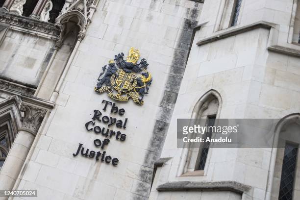 View of the entrance of Royal Courts of Justice during the fifth day of the high-profile trial against Coleen Rooney who is being sued for libel by...