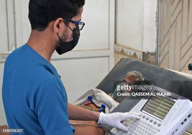 Patient receives medical care at the al-Hakim hospital during a sandstorm in Iraq's holy city of Najaf on May 16, 2022. - Another sandstorm that...