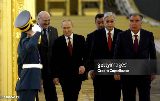 Belarussian President Alexander Lukashenko, Russian President Vladimir Putin, Kyrgyz President Sadyr Japarov, Kazakh President Kassym-Jomart Tokayev...