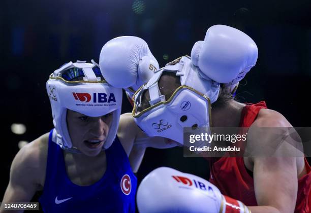 Ayse Cagirir of Turkiye competes against Demie-Jade Resztan of United Kingdom during women's 48 kg qualifying match of the International Boxing...
