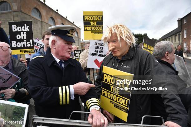 Border Communities against Brexit stage a protest outside Hillsborough castle as PM Boris Johnson holds talks with leaders of Northern Irelands main...