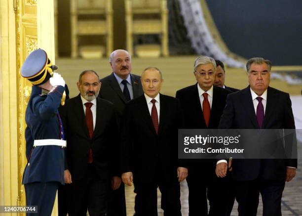 Armenian Prime Minister Nikol Pashinyan, Belarussian President Alexander Lukashenko, Russian President Vladimir Putin, Kyrgyz President Sadyr...