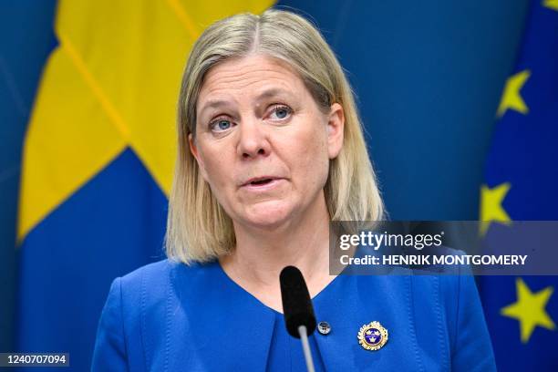Sweden's Prime Minister Magdalena Andersson gives a news conference in Stockholm, Sweden, on May 16, 2022. - Sweden will apply for membership in NATO...