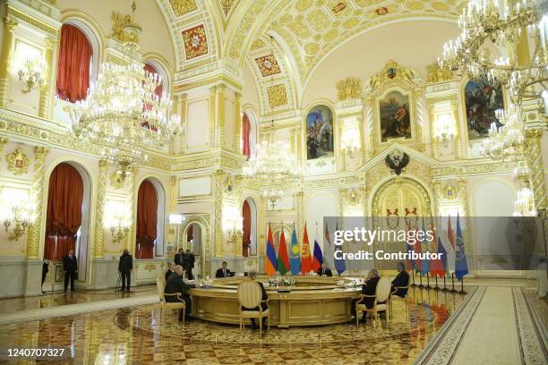 Belarussian President Alexander Lukashenko speaks during the Summit of Collective Security Treaty Organisation at the Grand Kremlin Palace, May 2022,...