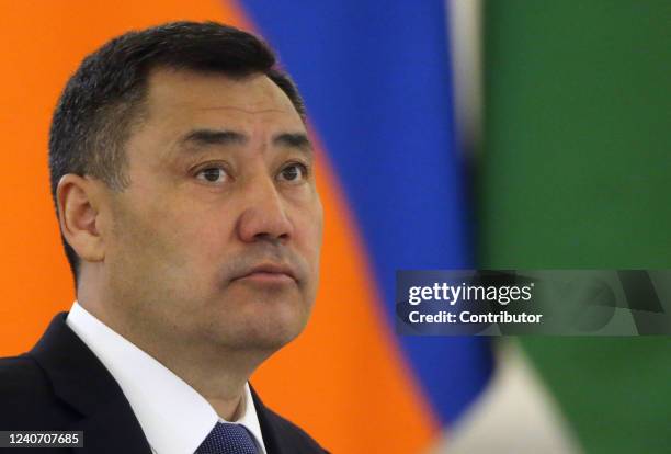 Kyrgyz President Sadyr Japarov speaks during the Summit of Collective Security Treaty Organisation at the Grand Kremlin Palace, May 2022, in Moscow,...