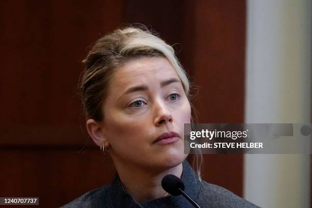Actor Amber Heard testifies in the courtroom at the Fairfax County Circuit Courthouse in Fairfax, Virginia, on May 16, 2022. Actor Johnny Depp sued...