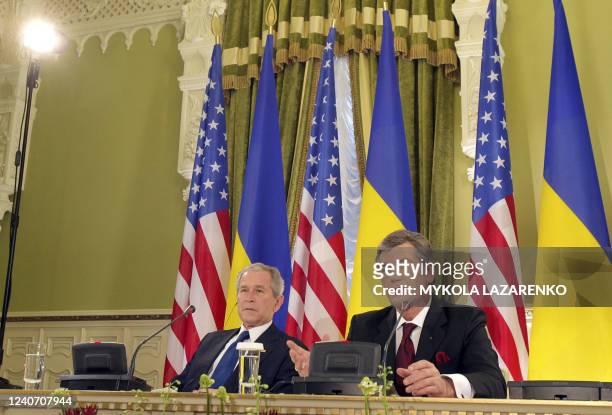 Ukrainian President Viktor Yushchenko and US President George W. Bush hold a news conference in Kiev on April 1, 2008. Speaking at a news conference...