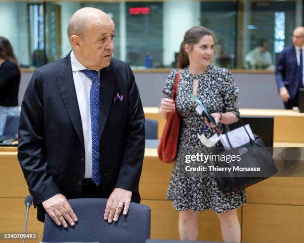French Minister of Europe and Foreign Affairs Jean-Yves Le Drian arrives for an EU Foreign affairs Ministers meeting in the Europa, the EU Council...